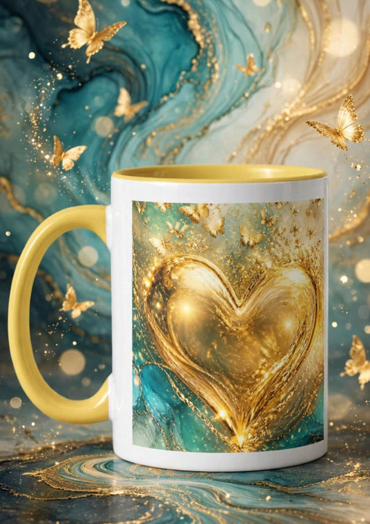 Glücksmomente Tasse mit goldenem Herz und Schmetterlingen
