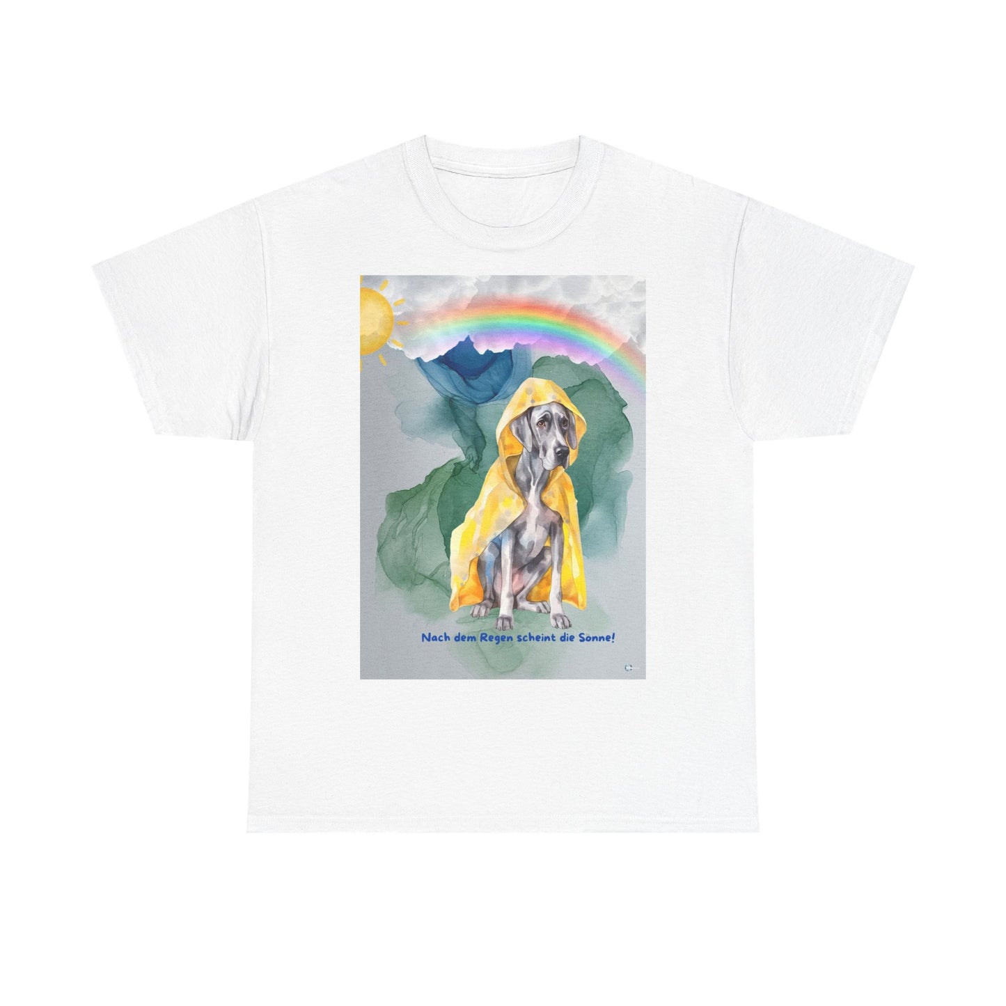 Dog in Yellow Raincoat T-Shirt | Rainbow Mountain Illustration. Nach dem Regen, scheint die Sonne!
