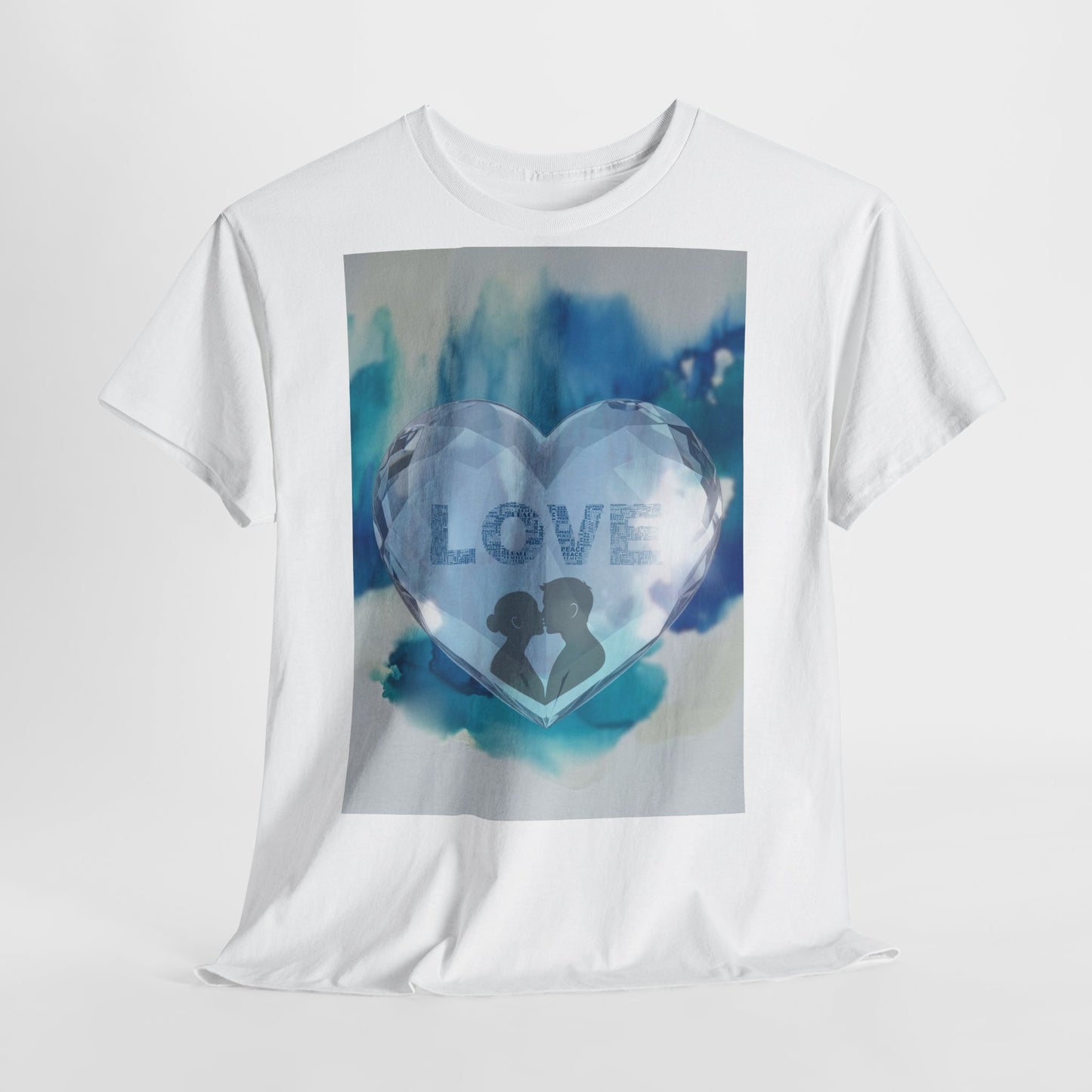 Love Heart Silhouette T-Shirt — Blue Watercolor Romance Tee
