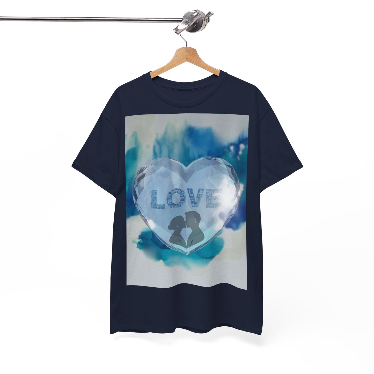 Love Heart Silhouette T-Shirt — Blue Watercolor Romance Tee