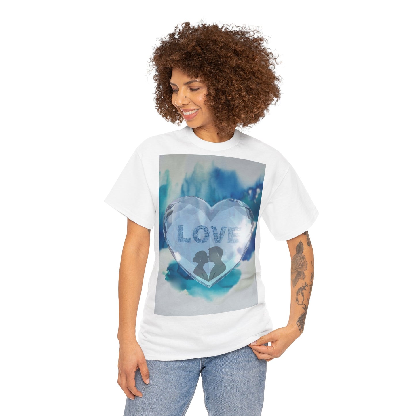 Love Heart Silhouette T-Shirt — Blue Watercolor Romance Tee