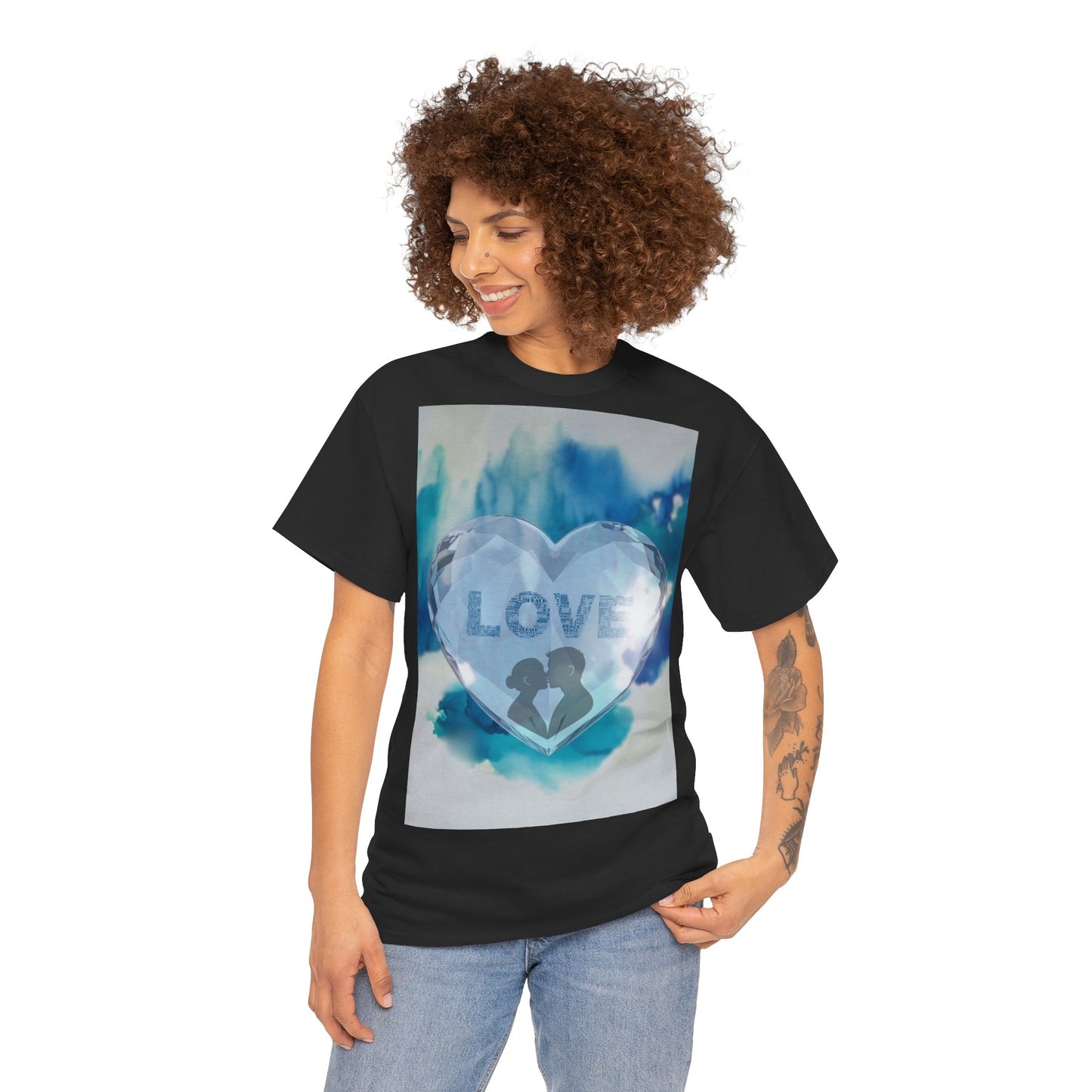 Love Heart Silhouette T-Shirt — Blue Watercolor Romance Tee