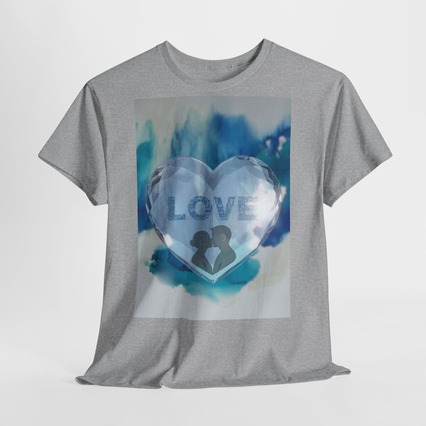 Love Heart Silhouette T-Shirt — Blue Watercolor Romance Tee