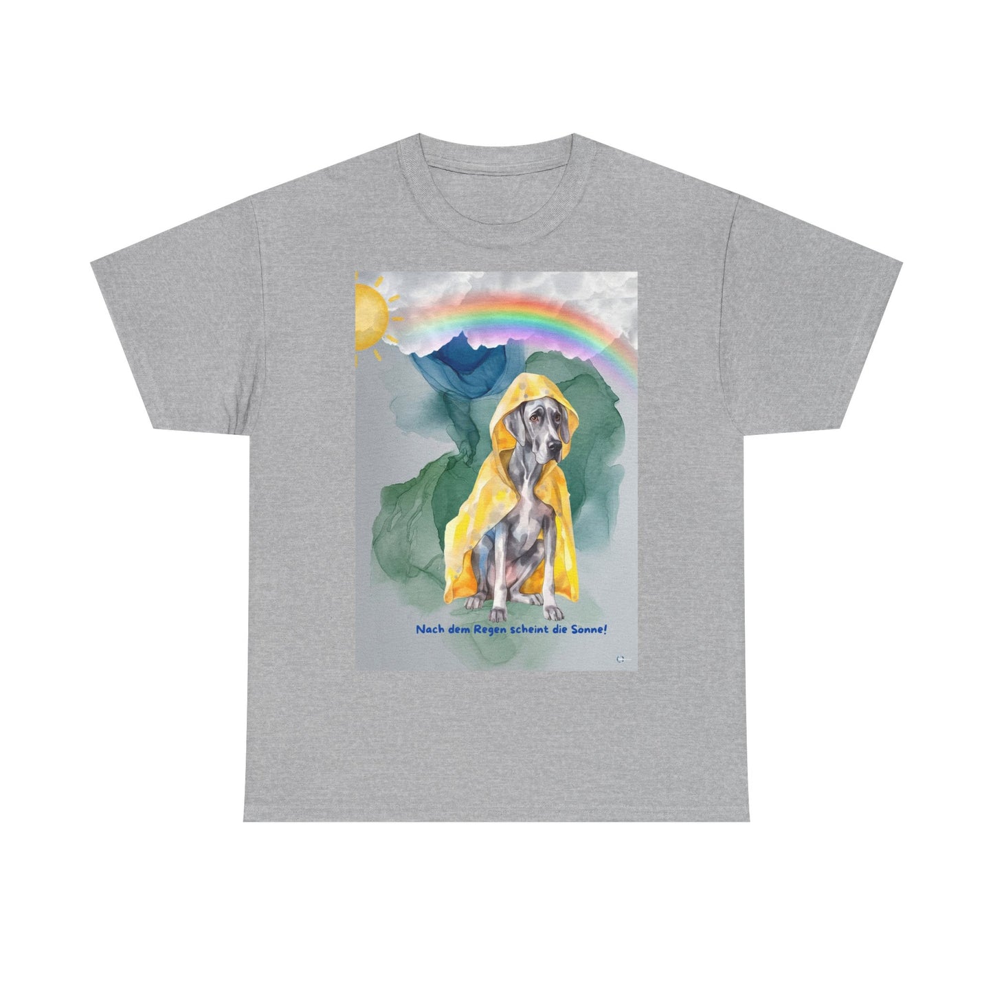 Dog in Yellow Raincoat T-Shirt | Rainbow Mountain Illustration. Nach dem Regen, scheint die Sonne!