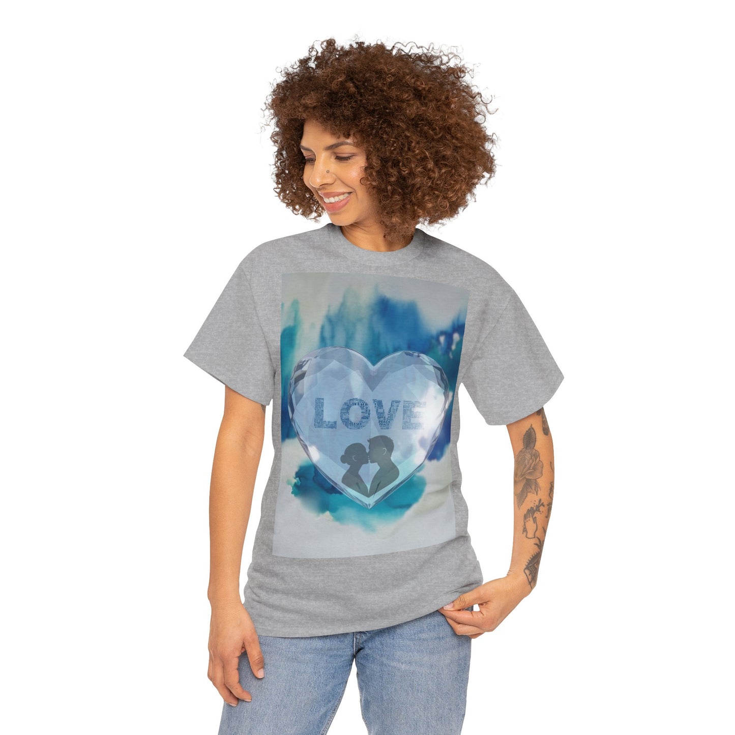 Love Heart Silhouette T-Shirt — Blue Watercolor Romance Tee