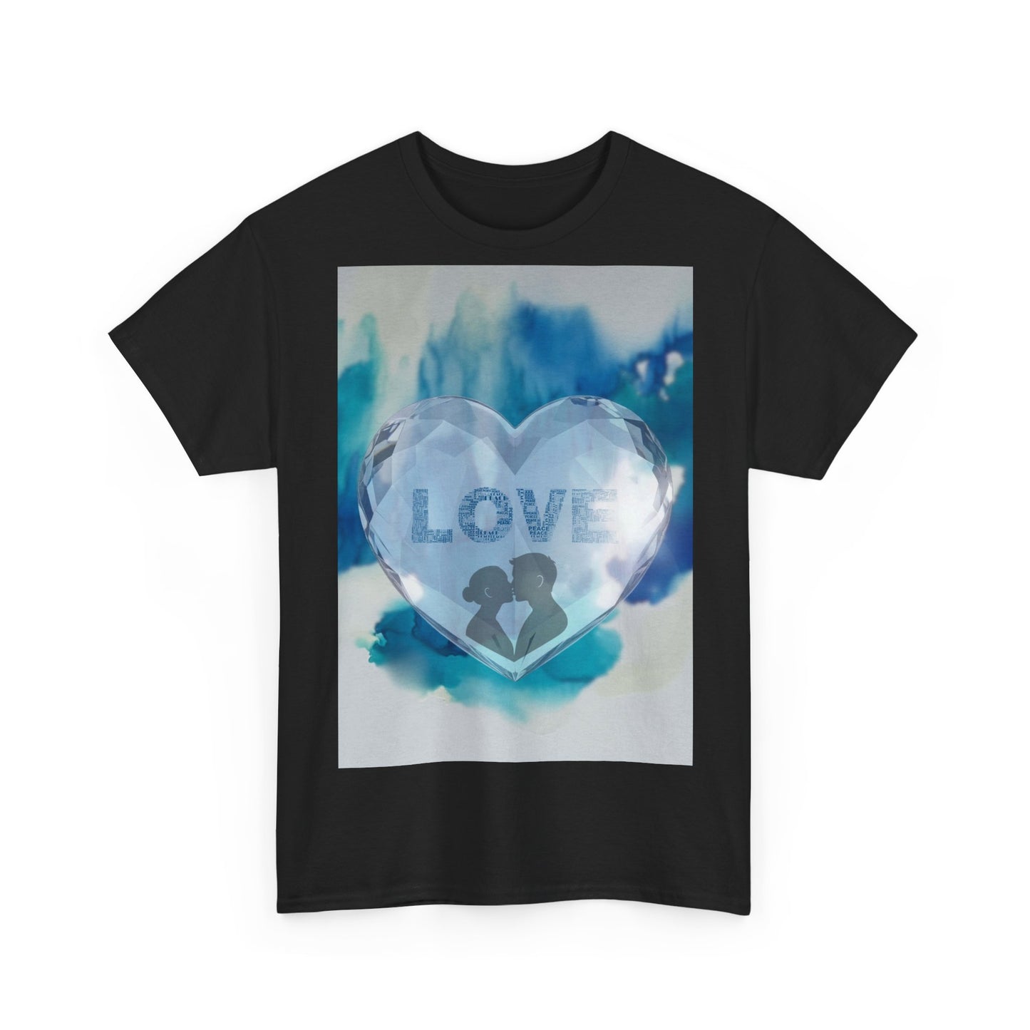 Love Heart Silhouette T-Shirt — Blue Watercolor Romance Tee