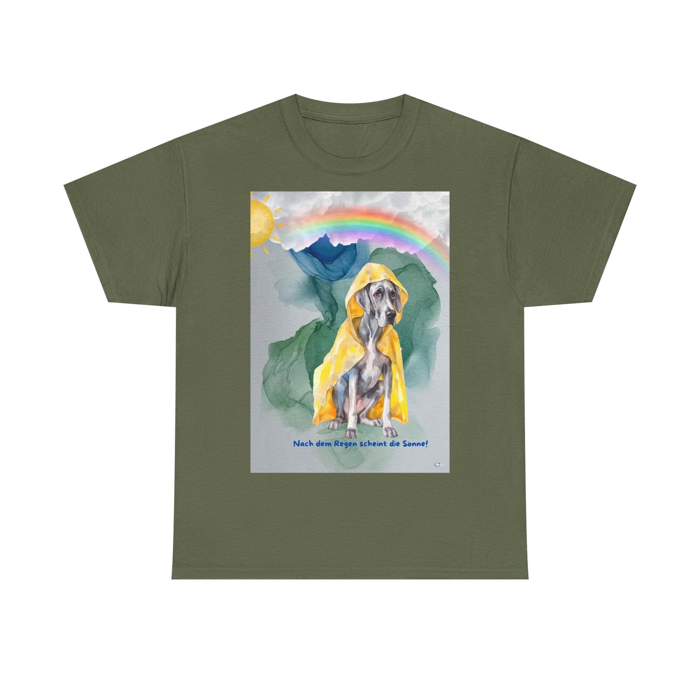 Dog in Yellow Raincoat T-Shirt | Rainbow Mountain Illustration. Nach dem Regen, scheint die Sonne!
