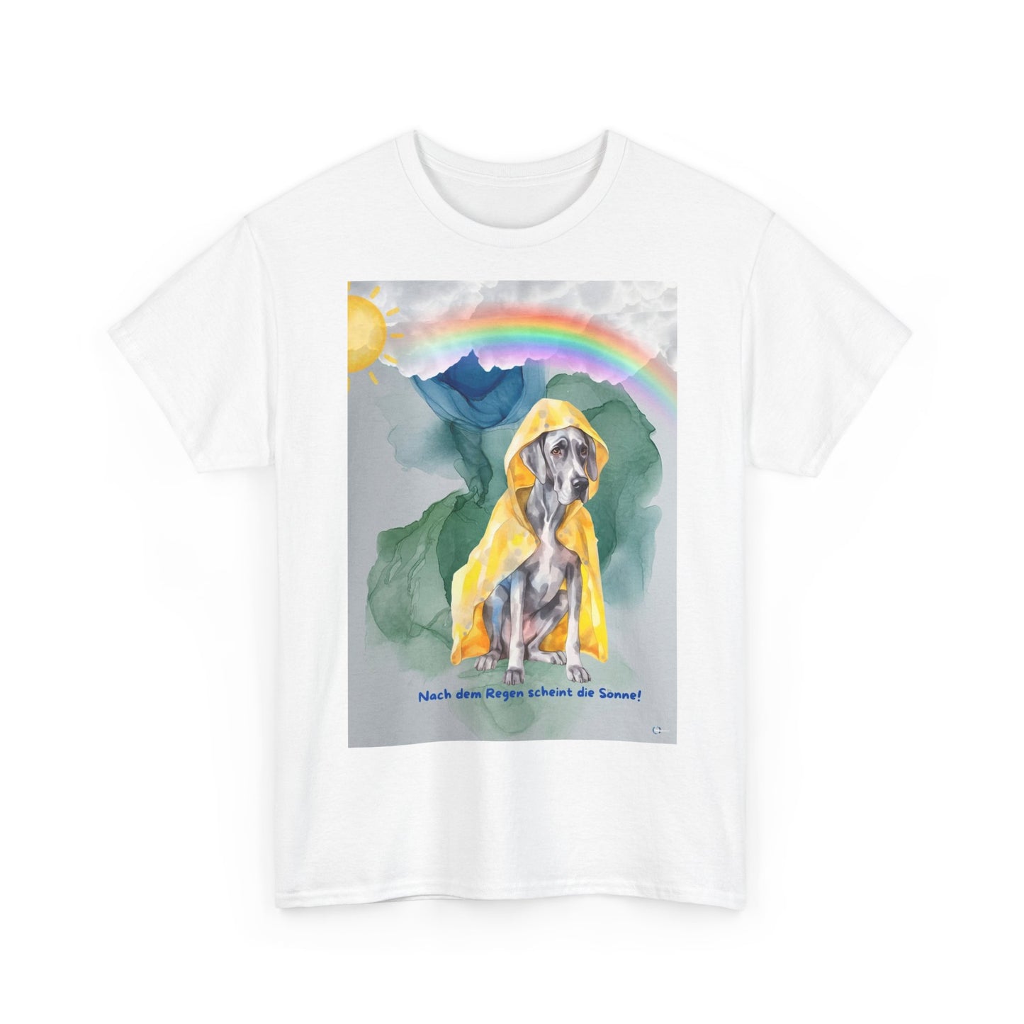 Dog in Yellow Raincoat T-Shirt | Rainbow Mountain Illustration. Nach dem Regen, scheint die Sonne!