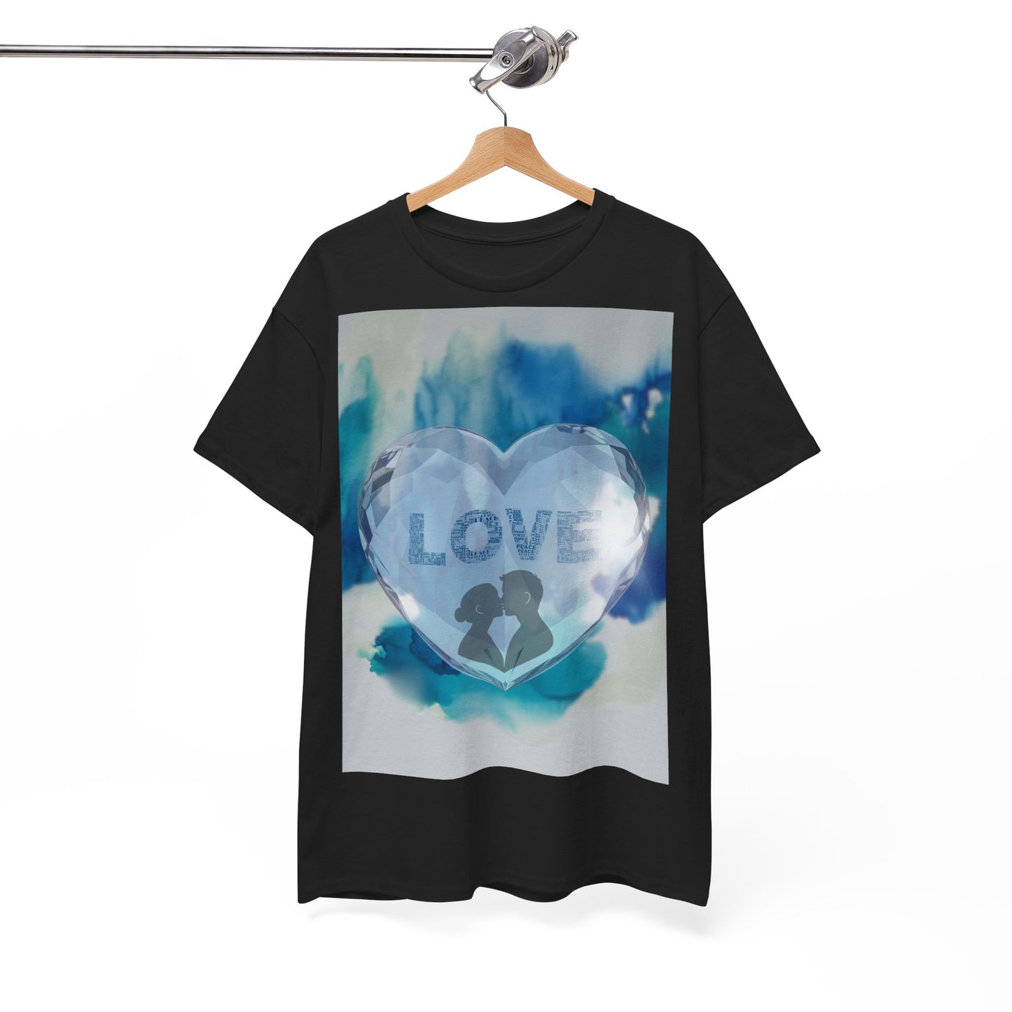 Love Heart Silhouette T-Shirt — Blue Watercolor Romance Tee
