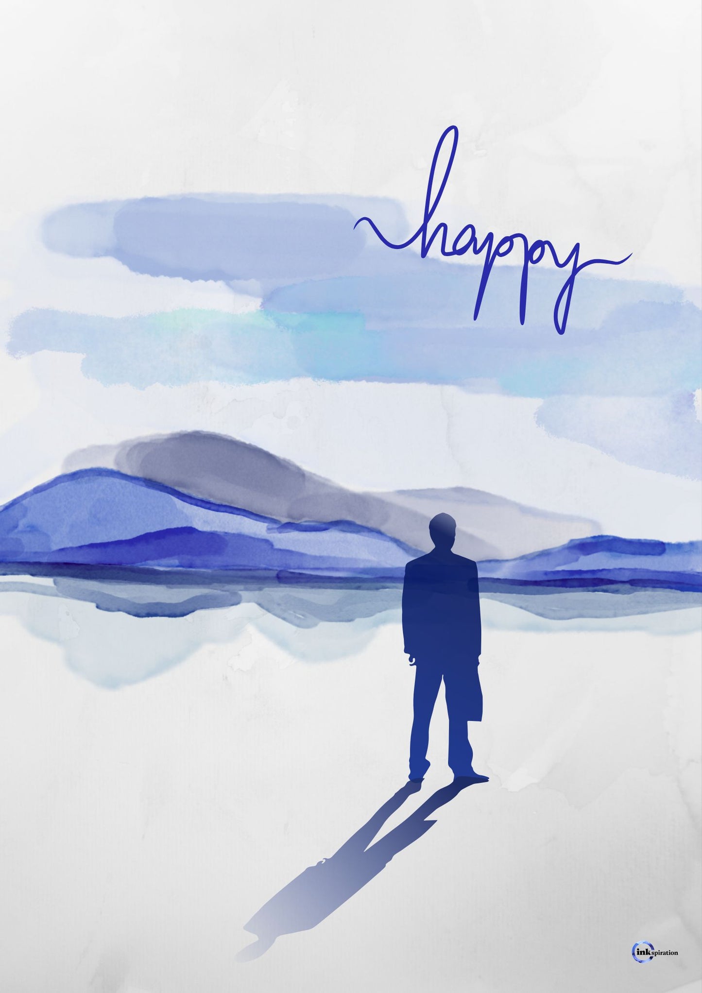 Aquarell Illustration „Happy“ – Silhouette eines Mannes vor blauer Berglandschaft 0001