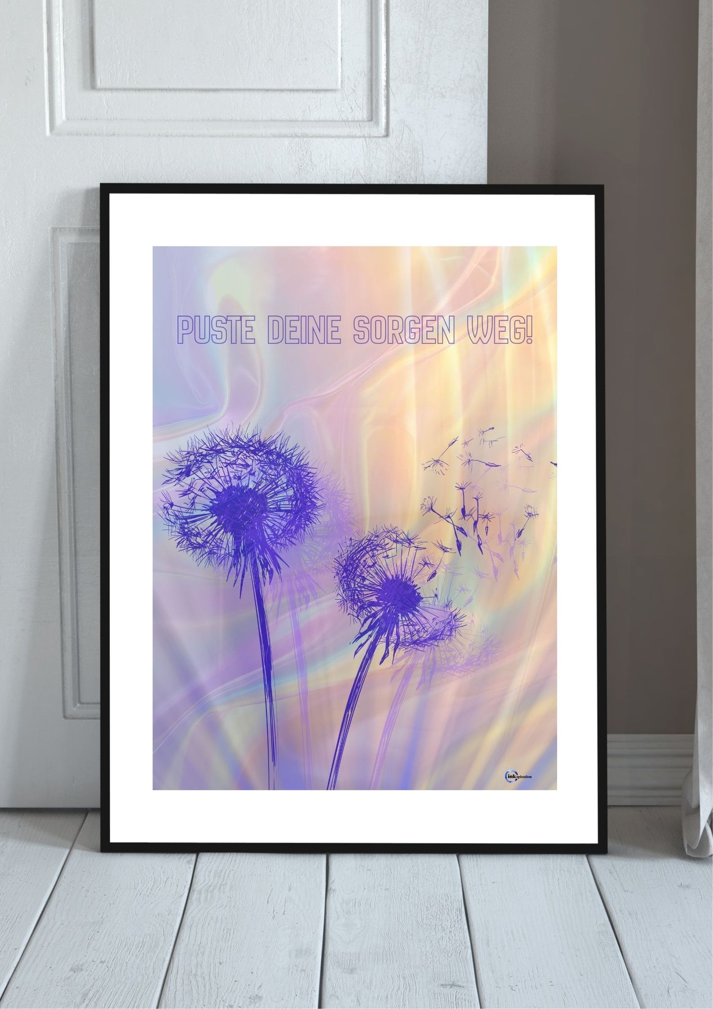 Puste deine Sorgen weg – Achtsamkeitsbild mit Pusteblumen in Pastellfarben 0007