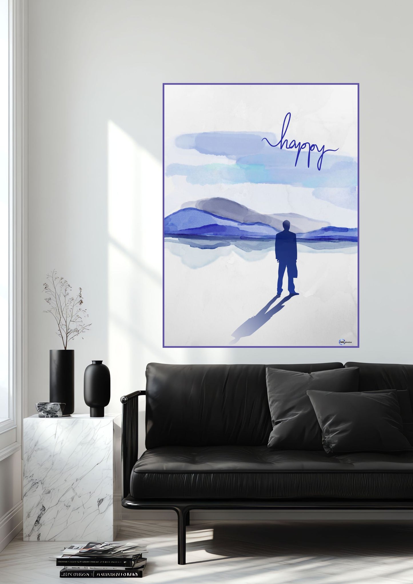 Aquarell Illustration „Happy“ – Silhouette eines Mannes vor blauer Berglandschaft 0001