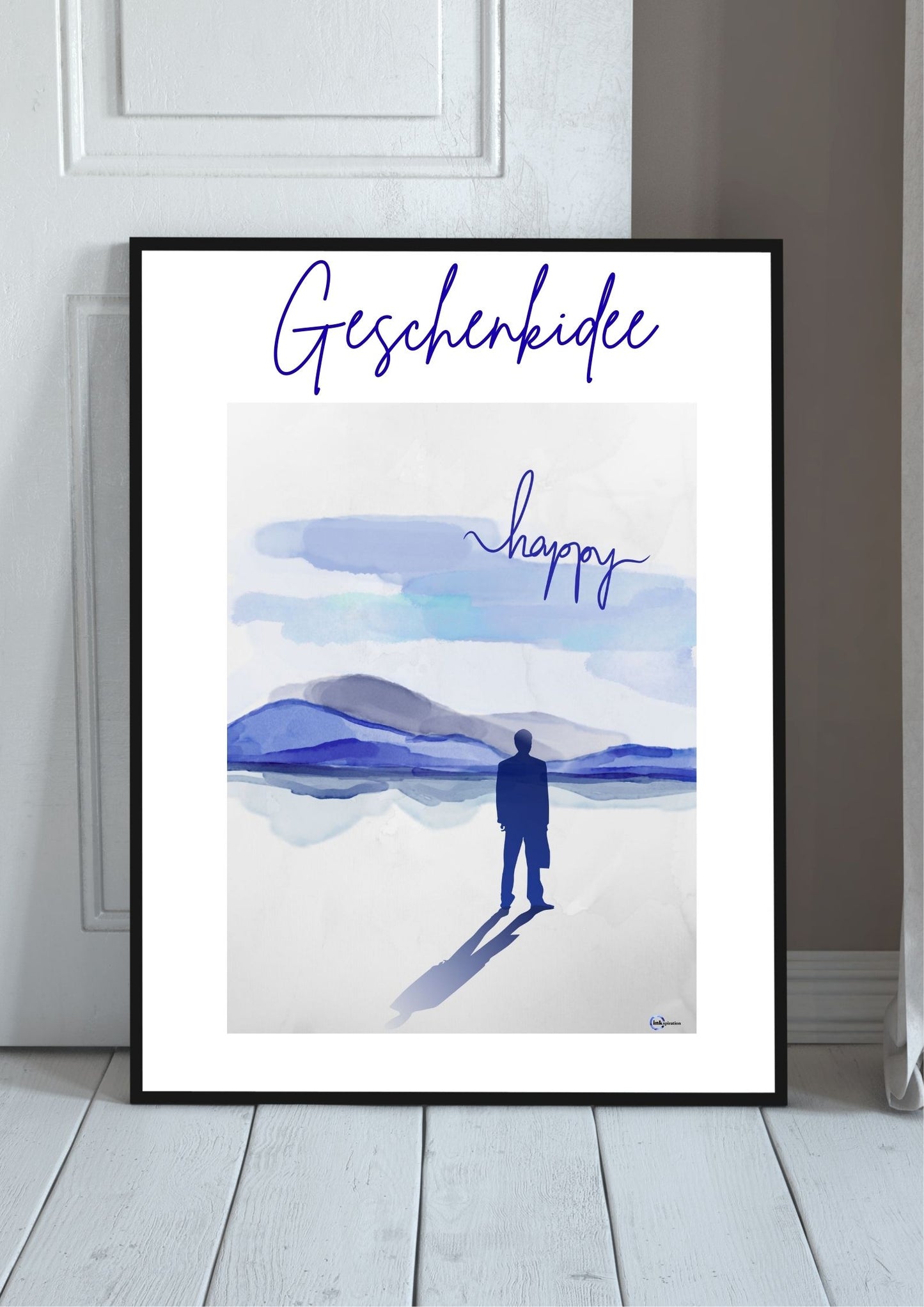 Aquarell Illustration „Happy“ – Silhouette eines Mannes vor blauer Berglandschaft 0001