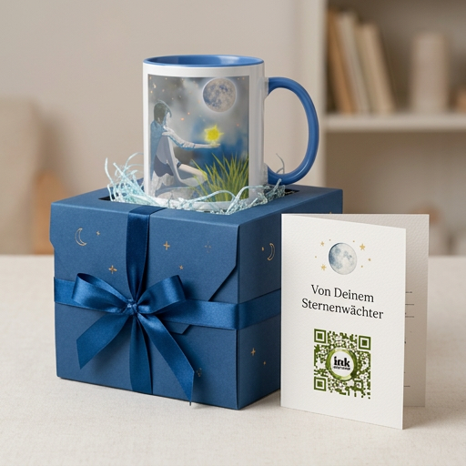 Tasse mit blauem Henkel und Mondmotiv auf einer blauen Geschenkbox neben der Sternenwächter-Karte
